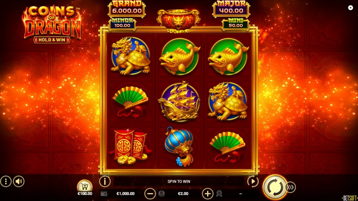 Interface do slot Coins of Dragon com tema oriental e dragão dourado